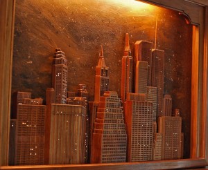 Jim Cardon Wood Carved New York Skyline Angle With Lights    