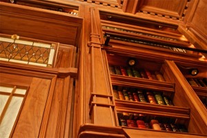 Doug Sr. Home Library Stain Glass Door and Walnut Wood Detail       